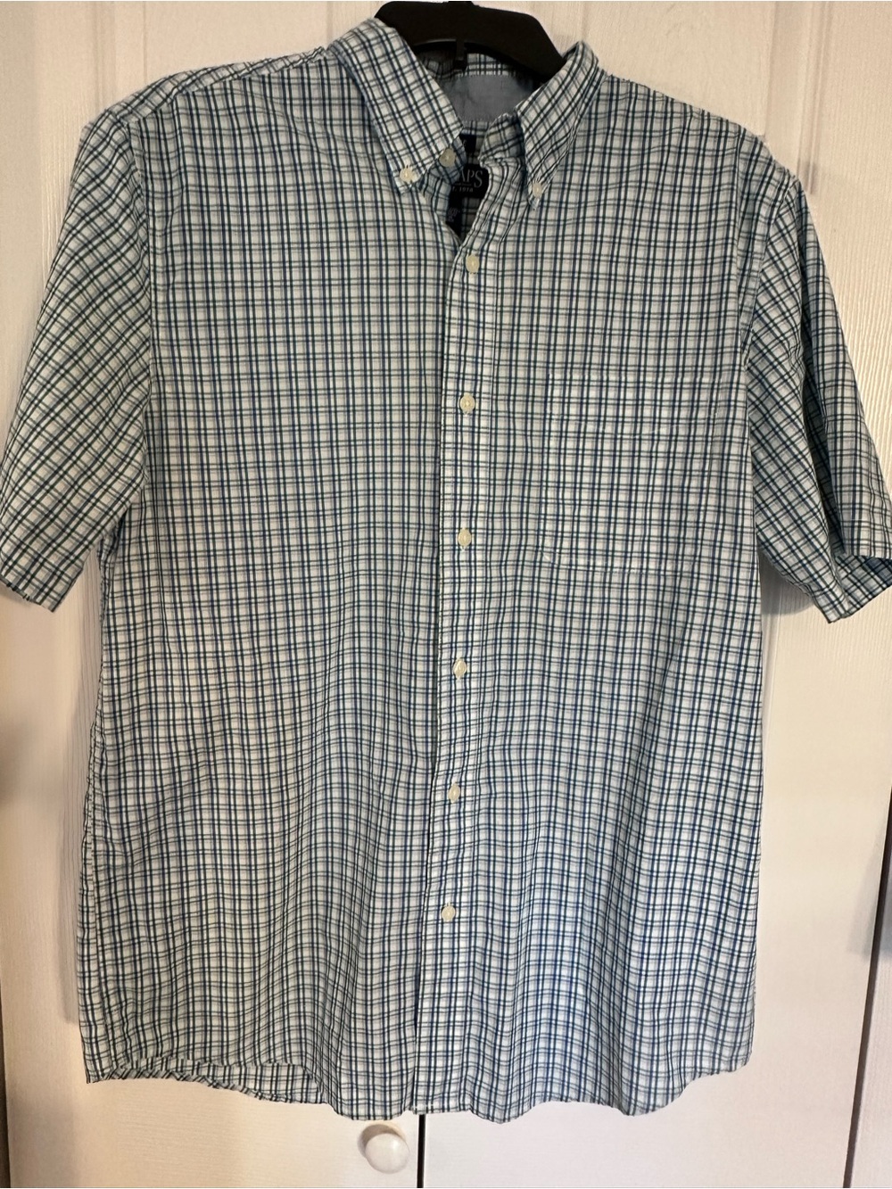 Men's Chaps Size M Short-Sleeve Plaid Button-Down Shirt - Blue/Green/White
